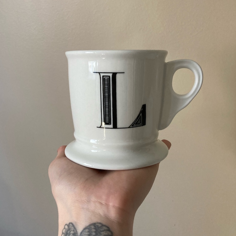 Anthropologie Ceramic Cream and Black Monogram Mug Letter L Stemless